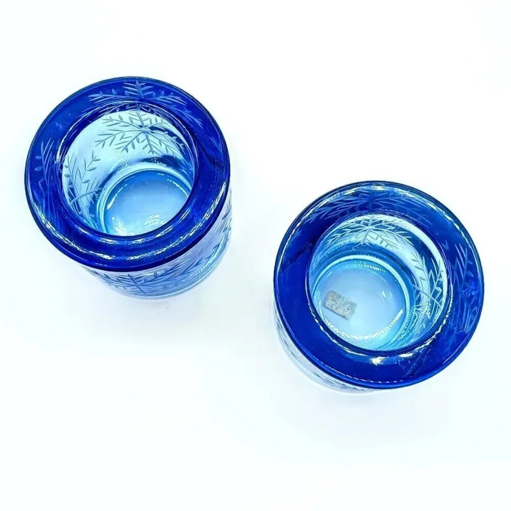 Handmade Swiss Blue Snowflake Glass Votive Candle Holders (2)